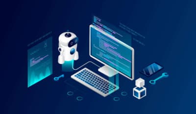 Isometric 3D Robotics Course Concept. Modern Robot Connected To Personal Computer. Possibility Of Control, Programming, Engeneering And Experimenting Of Education Project. Cartoon Vector Illustration.